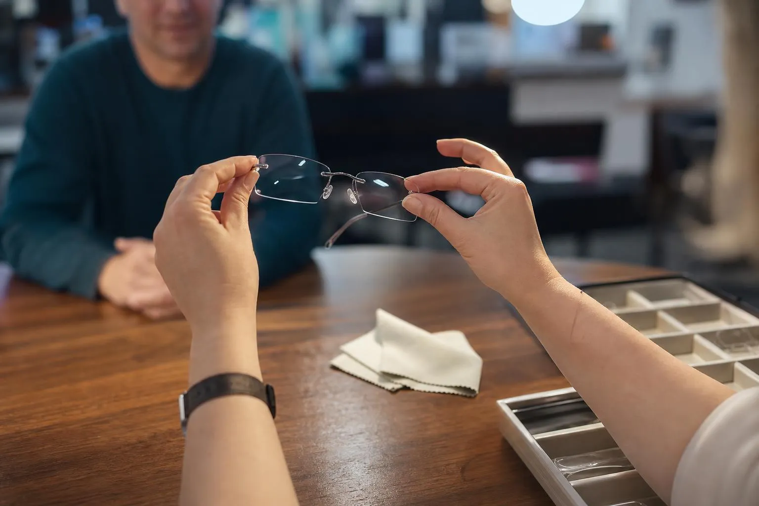Hands holding a pair of glasses up to a desk lamp over a dispensing table