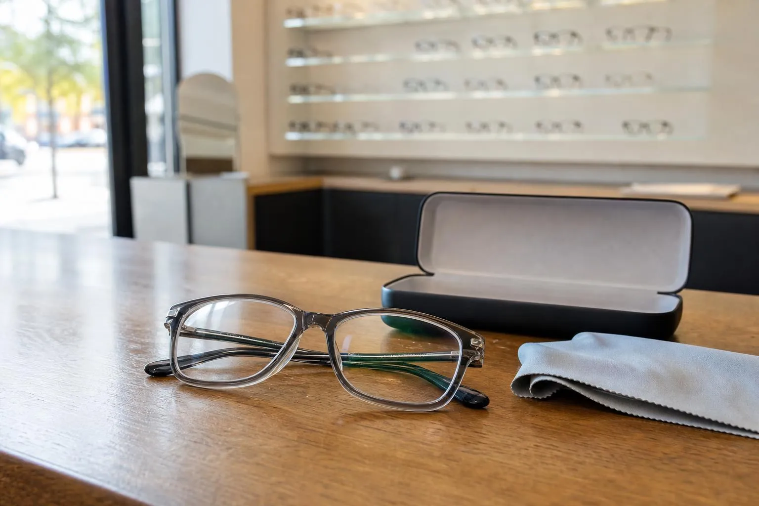 New progressive glasses on a wooden dispensing table beside an open hard case and a folded cleaning cloth