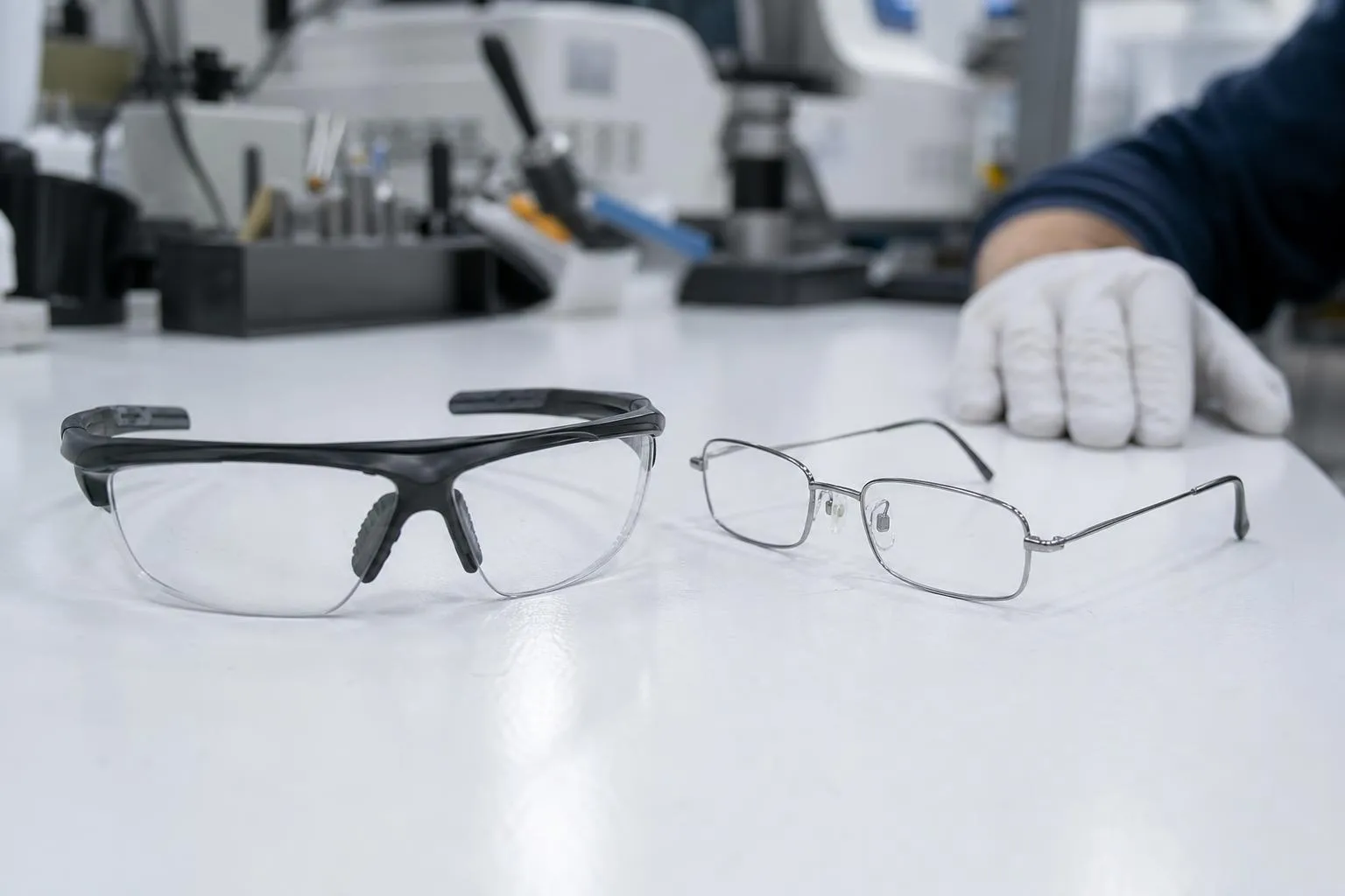 A wrapped sport frame beside a flat metal frame on a white lab bench