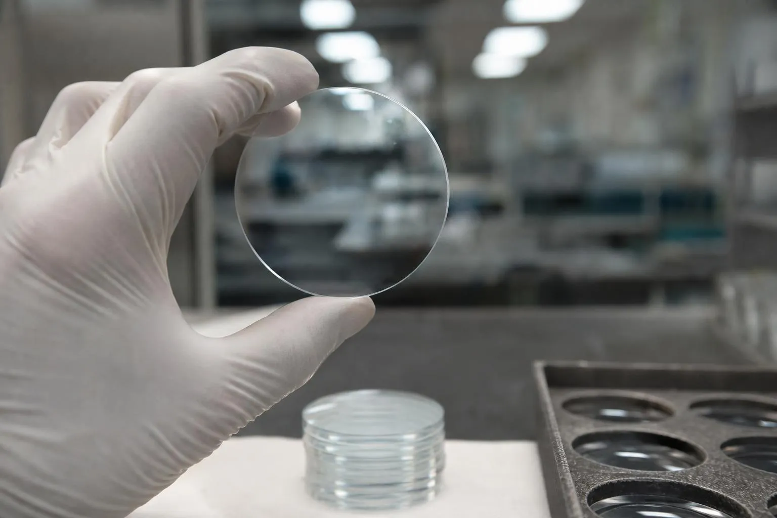 A gloved hand holding a finished lens above a lab bench with a stack of lens blanks