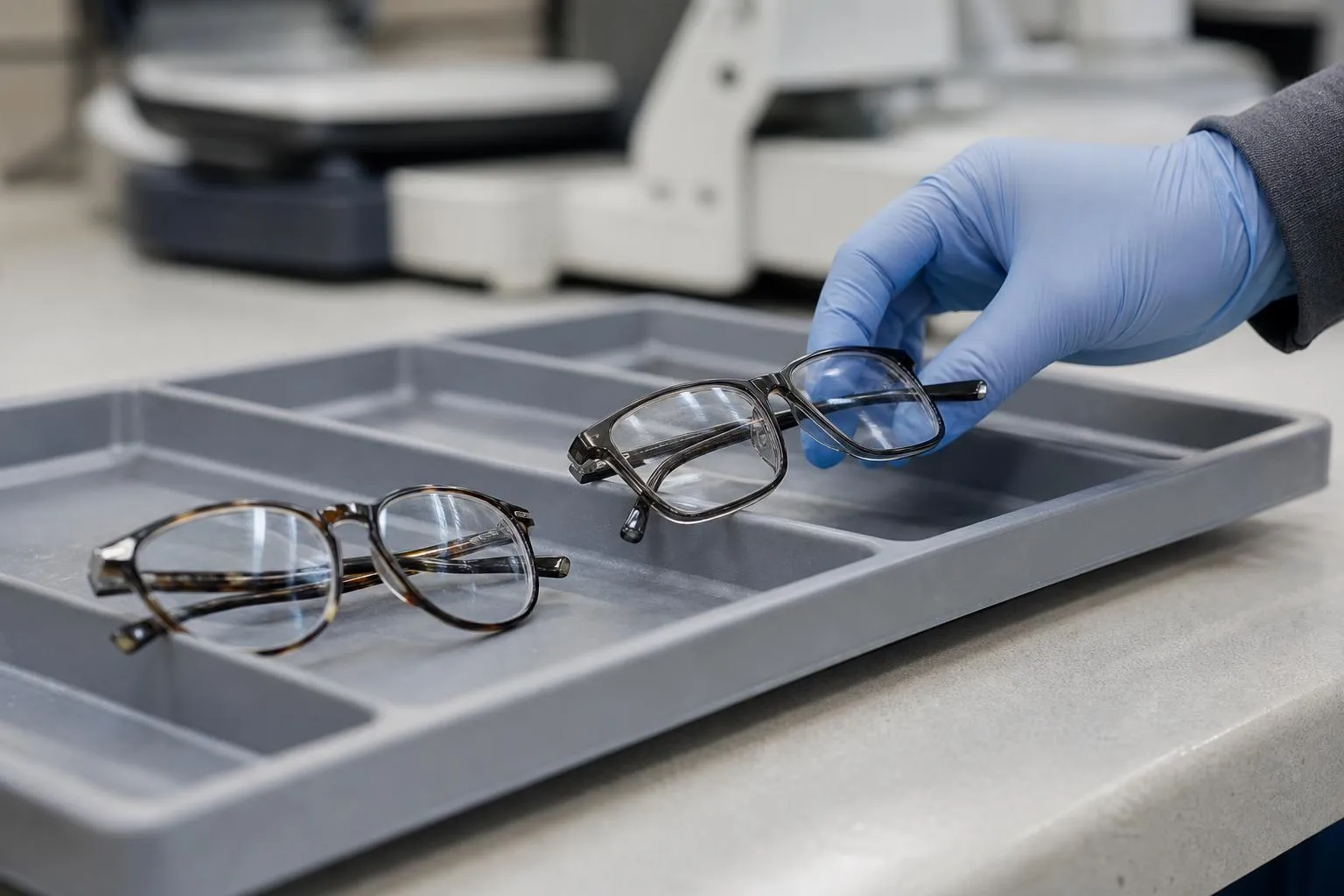 Two pairs of finished glasses with thick-edged lenses on a lens tray at a lab bench