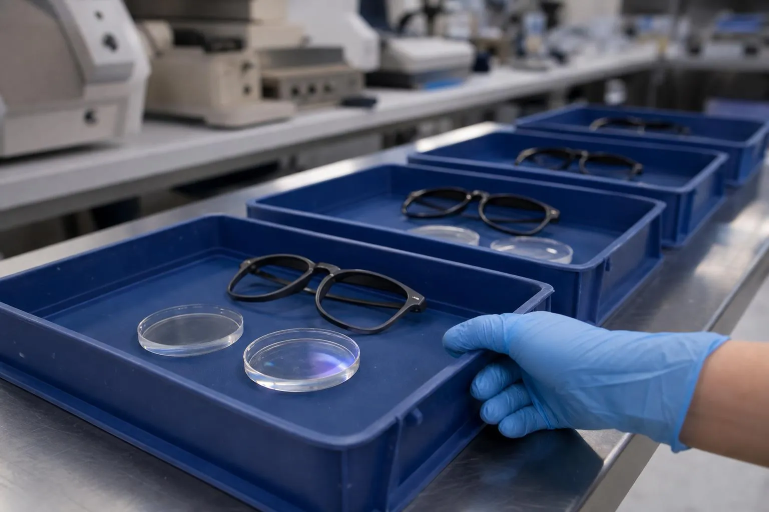 Lab job trays on a steel bench, each holding uncut lens blanks and a frame