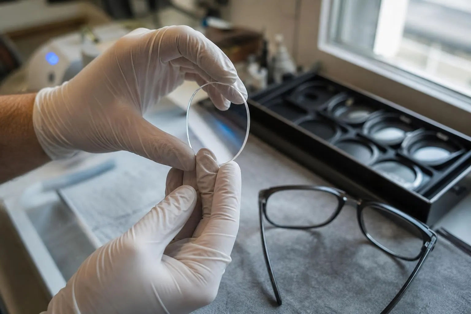 Gloved hands holding a finished lens up to the light at an inspection bench, frame on a cloth beside it