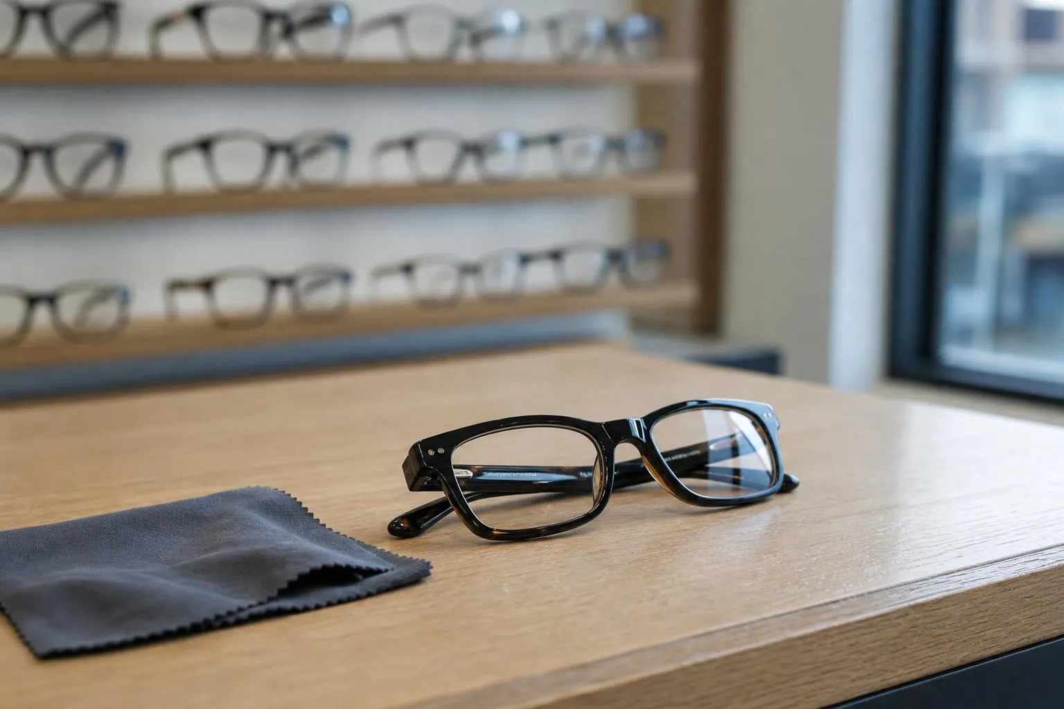 Finished prescription glasses folded on a light wooden dispensing table beside a cloth