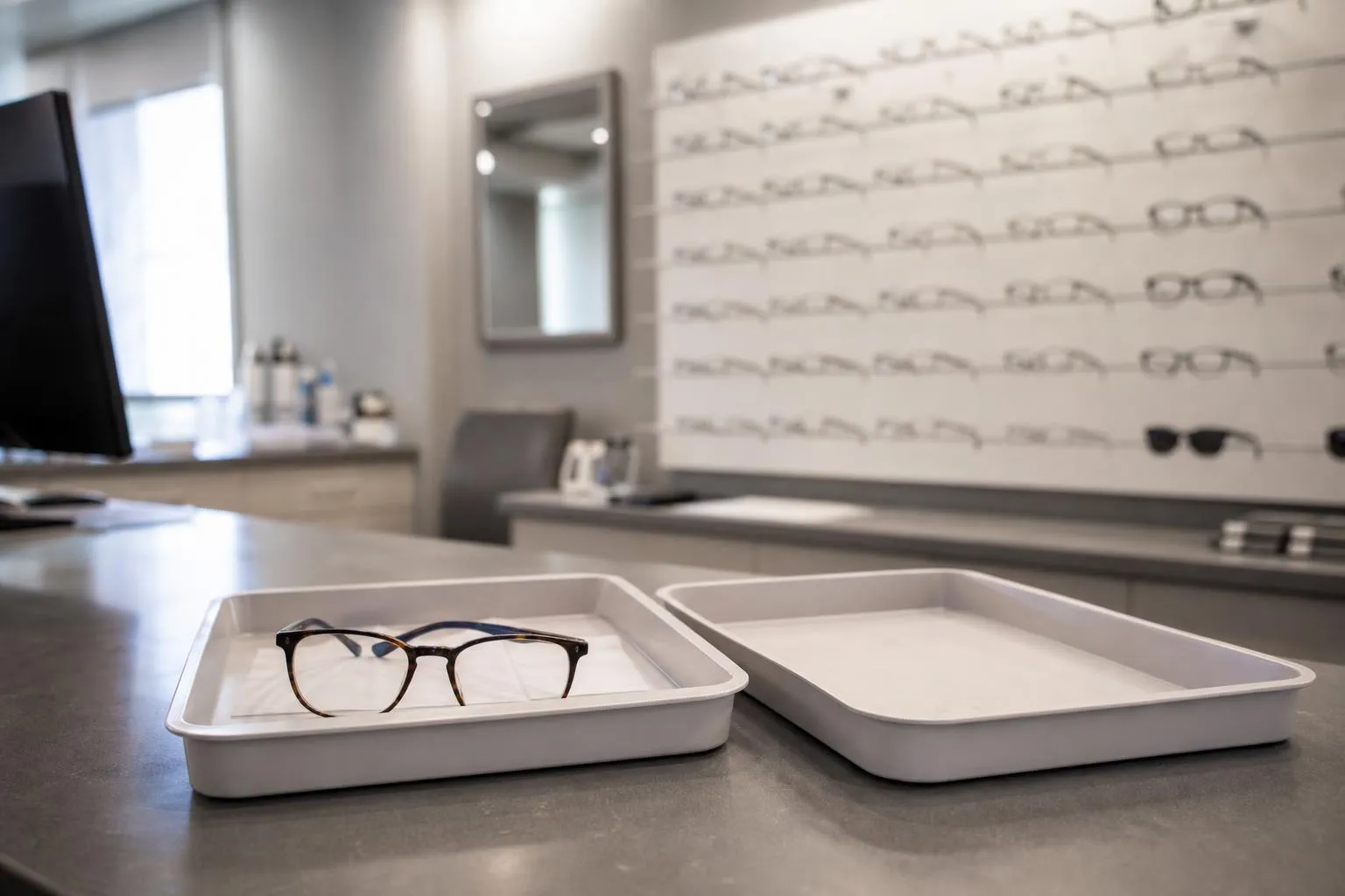 A finished pair of glasses in an open job tray on an optical practice front desk, a frame board blurred behind