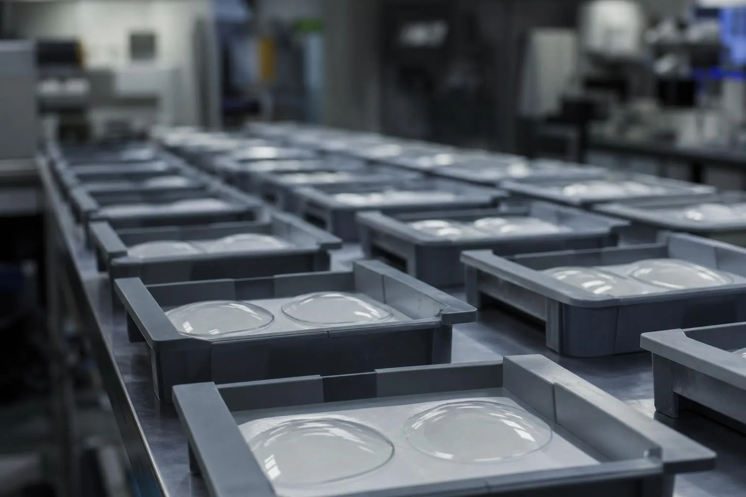 Job trays holding uncut lens blanks lined up on a lab bench, with idle machines behind