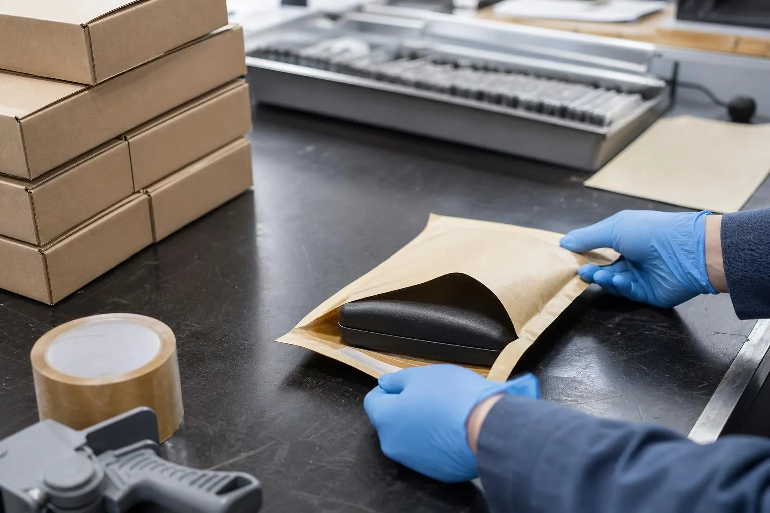 Gloved hands packing a glasses case into a padded mailer on a lab packing bench