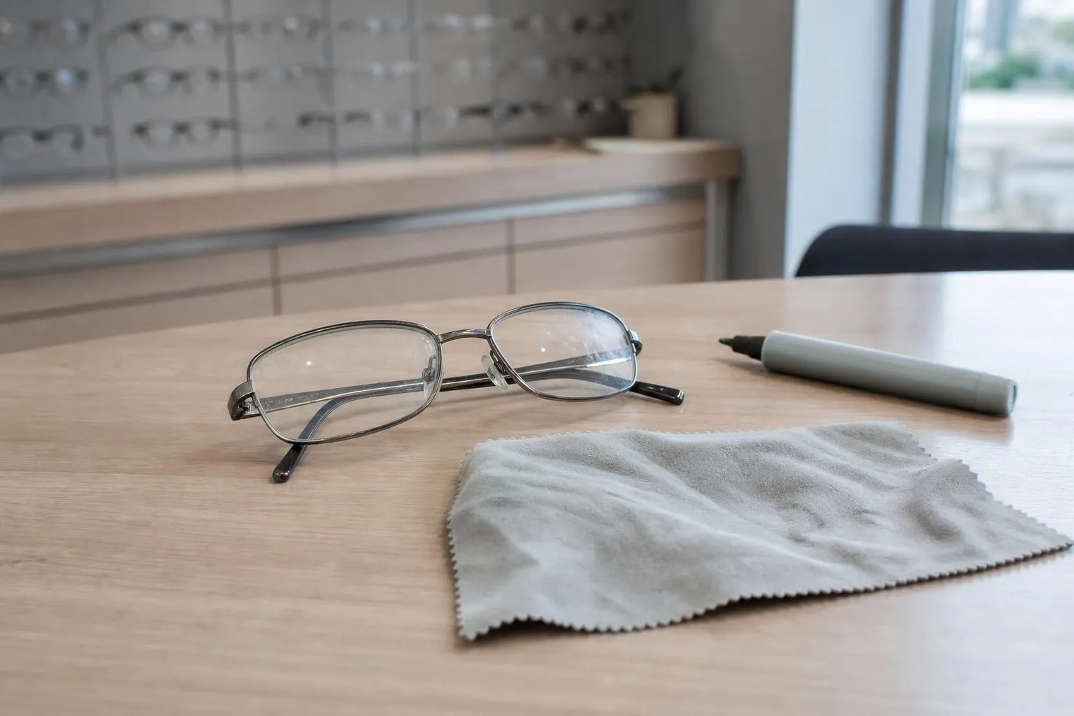 Worn progressive glasses on a dispensing table beside a lens cloth and a frame board