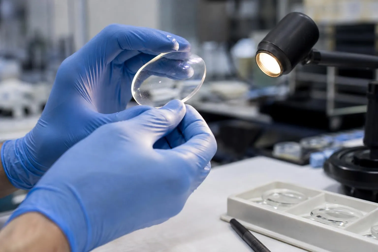 Gloved hands holding a clear lens up to a bench lamp in a lens lab