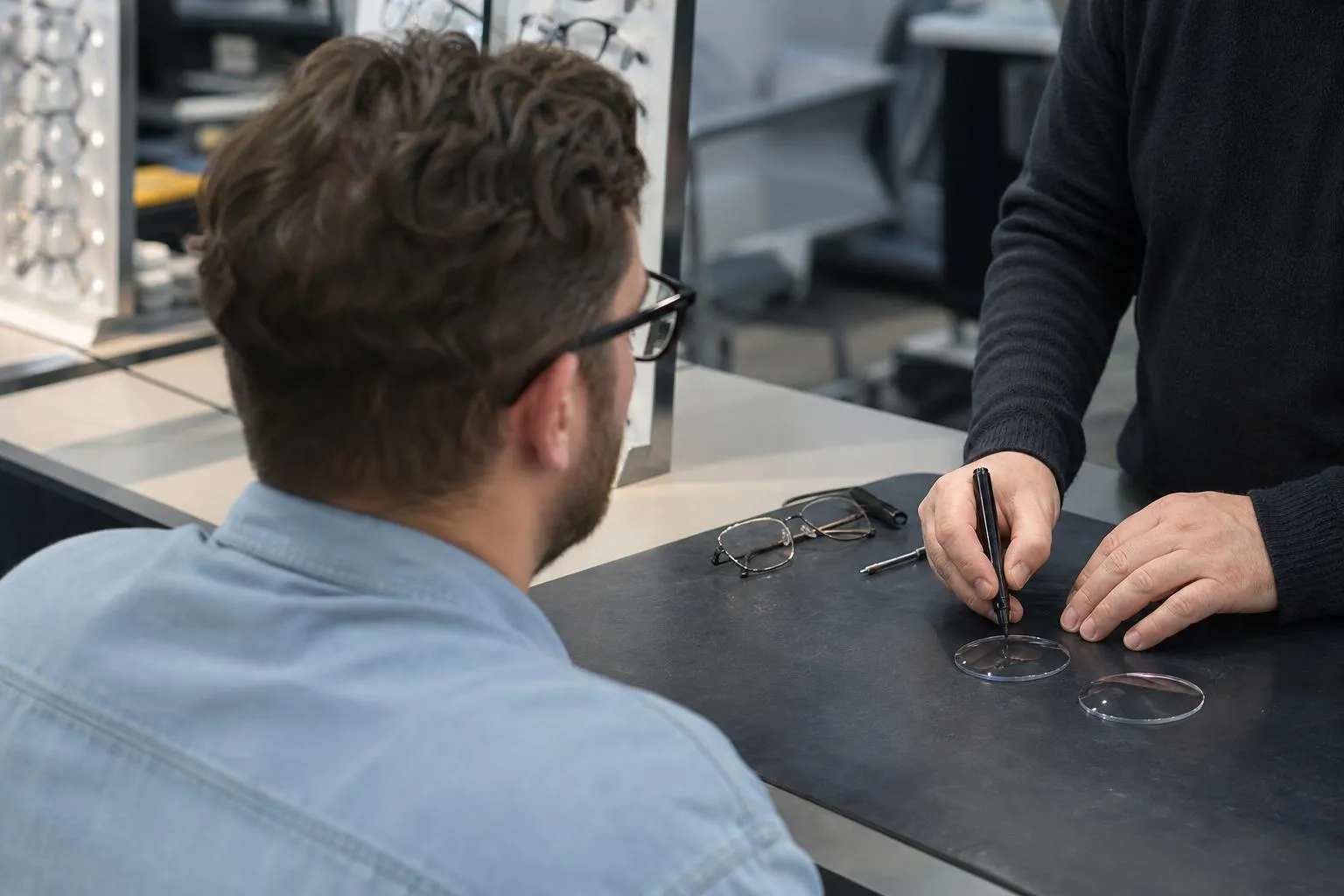 An optician marking a patient’s glasses at a dispensing table, seen from behind the patient