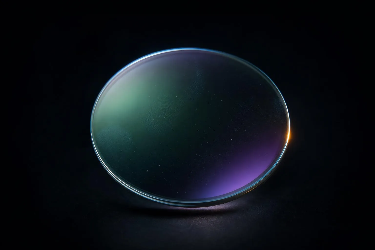 An anti-reflective coated lens showing its faint green and violet reflection