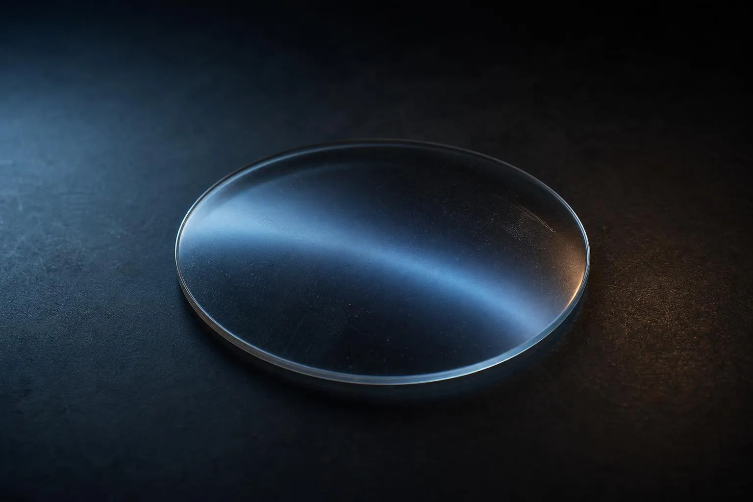 An uncut eyeglass lens on a dark surface with blue light across its curve