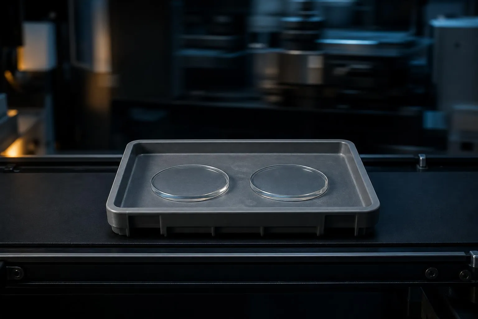 A lens job tray with two lenses on a conveyor in a dimly lit lab