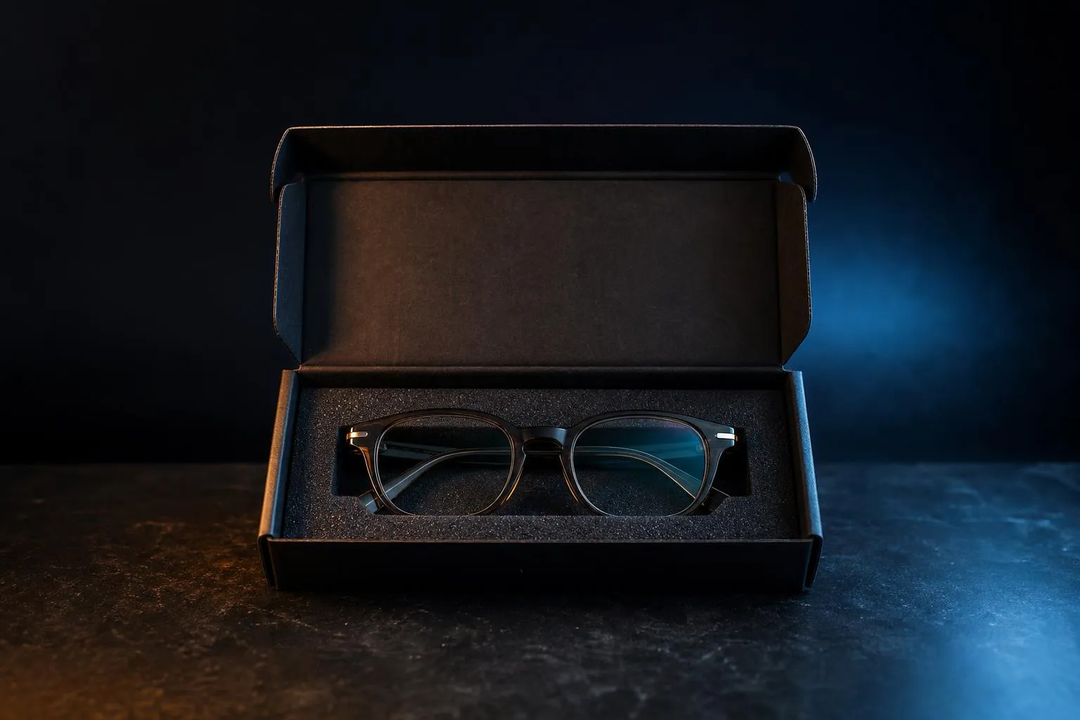 A finished pair of eyeglasses in an open shipping box on a dark bench