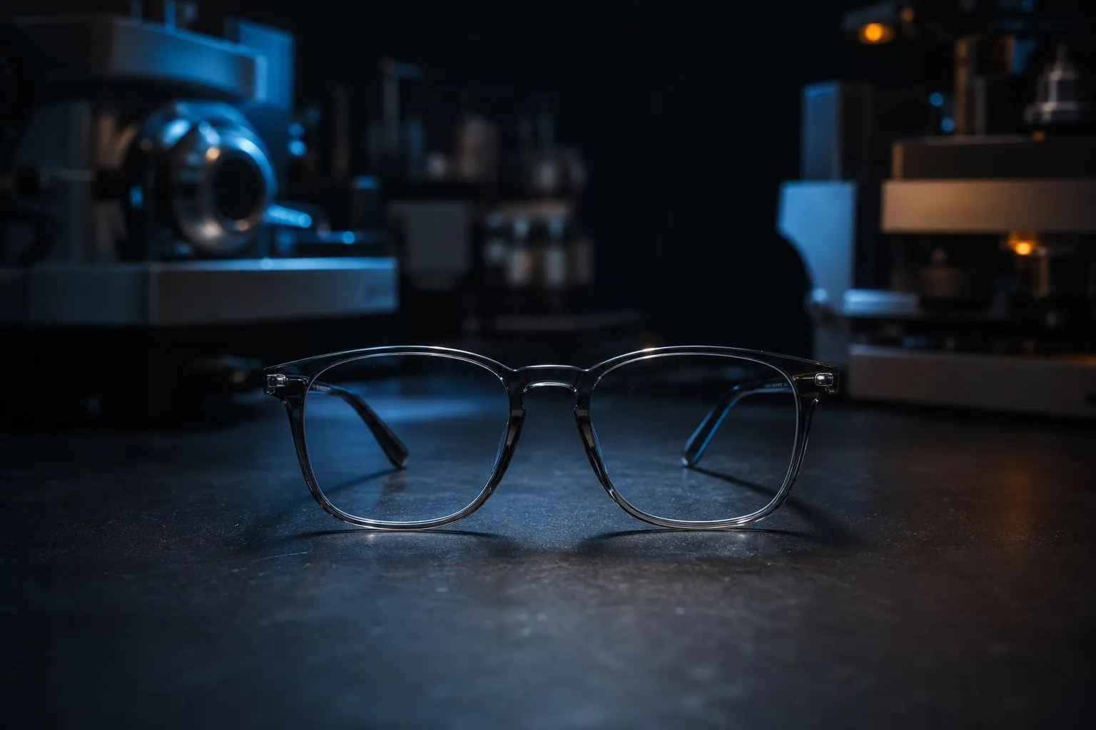 Finished eyeglasses on a dark workbench with lab machines blurred behind