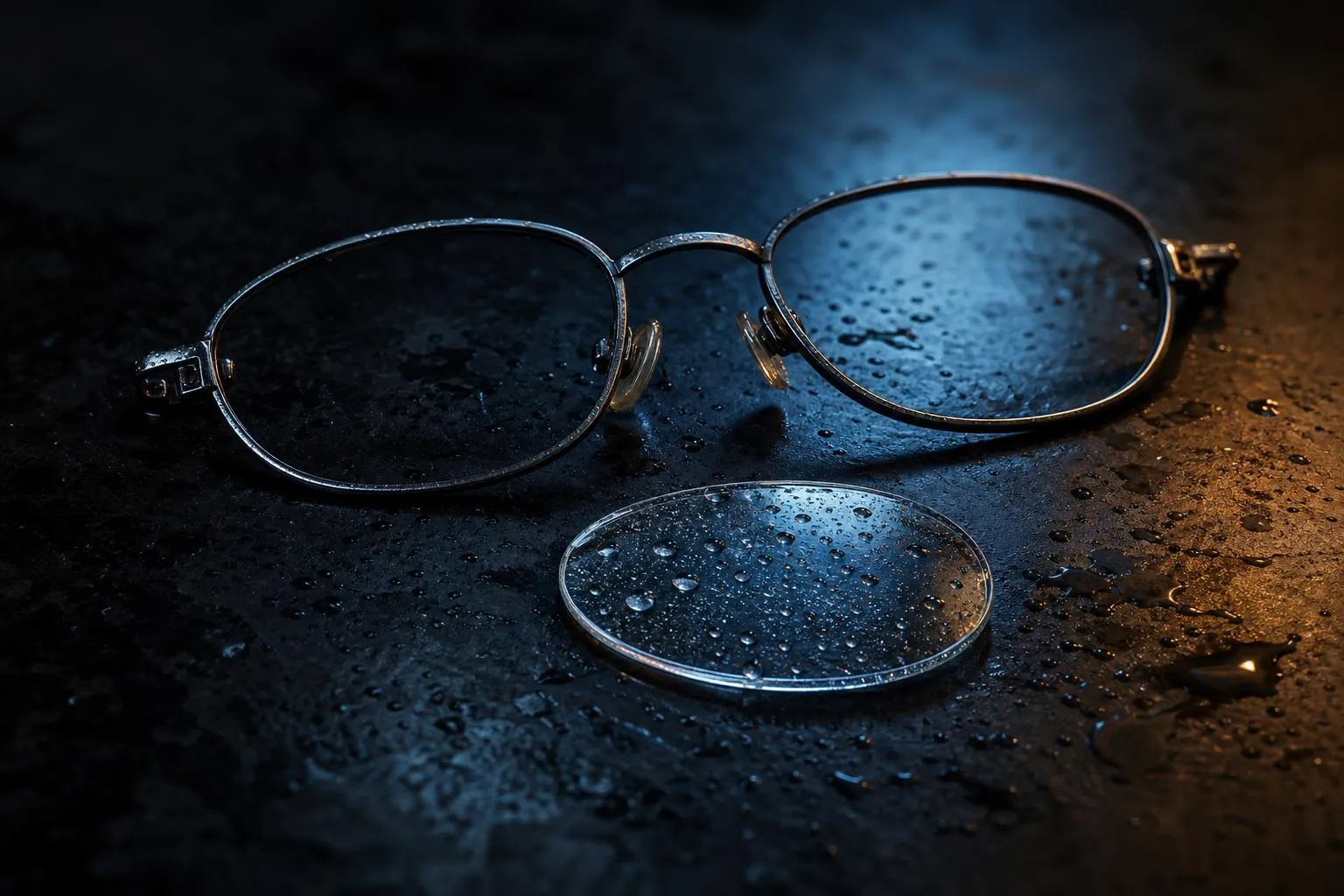 A freshly edged lens beaded with water next to its empty frame