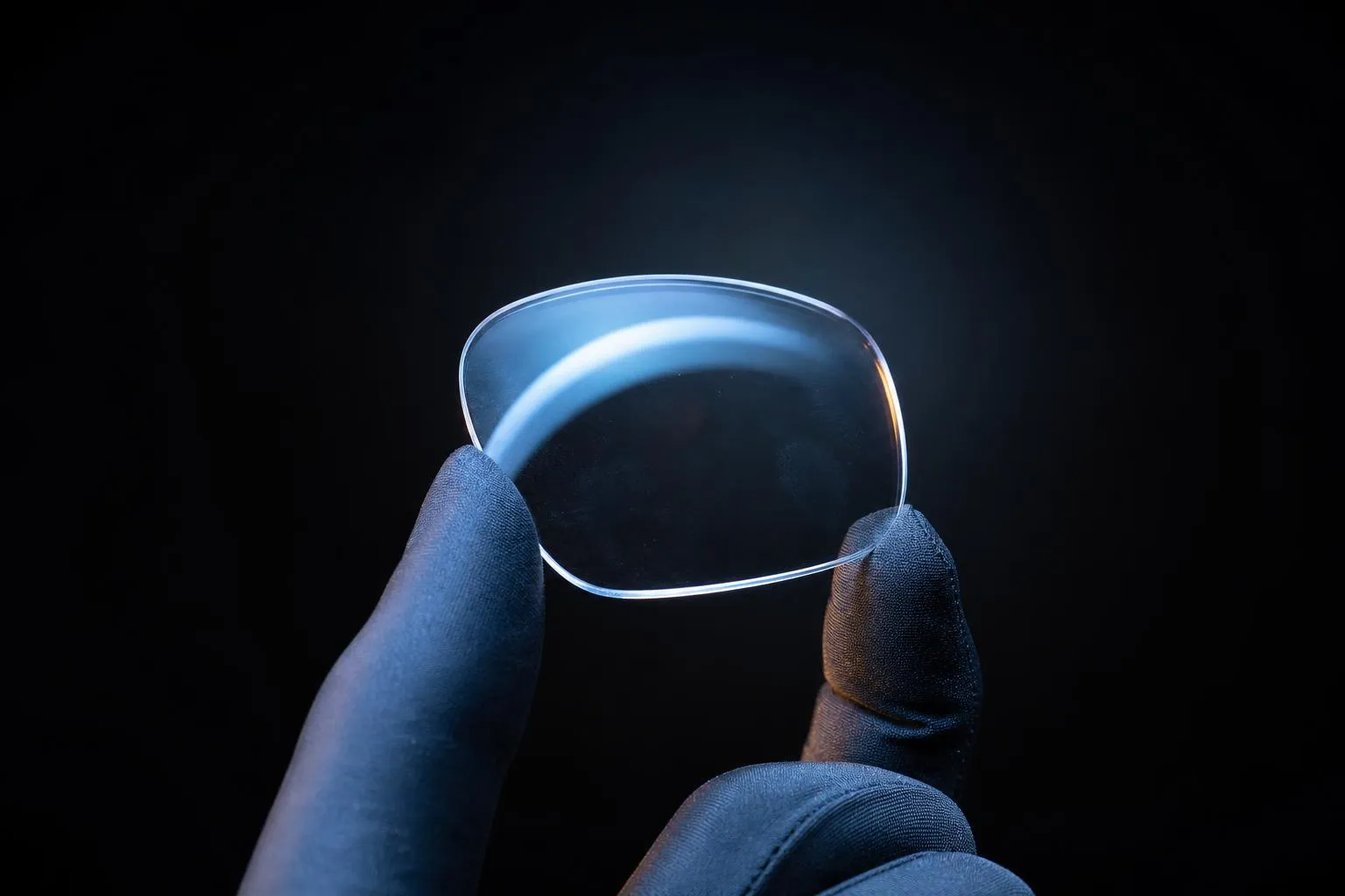 A gloved hand holding an edged lens under a ring of cool light