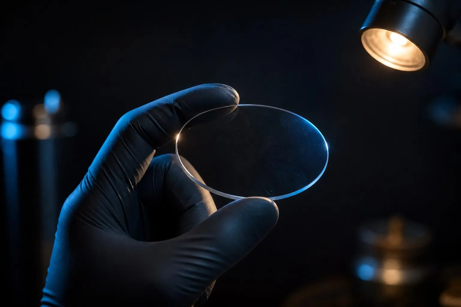 A gloved hand tilting a finished lens under an inspection lamp