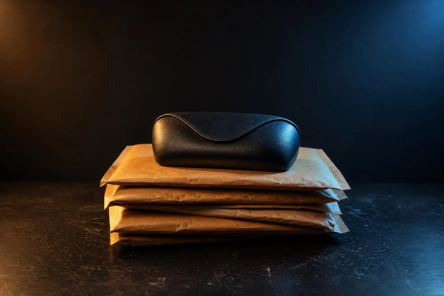Padded envelopes and an eyeglass case on a dark shipping bench