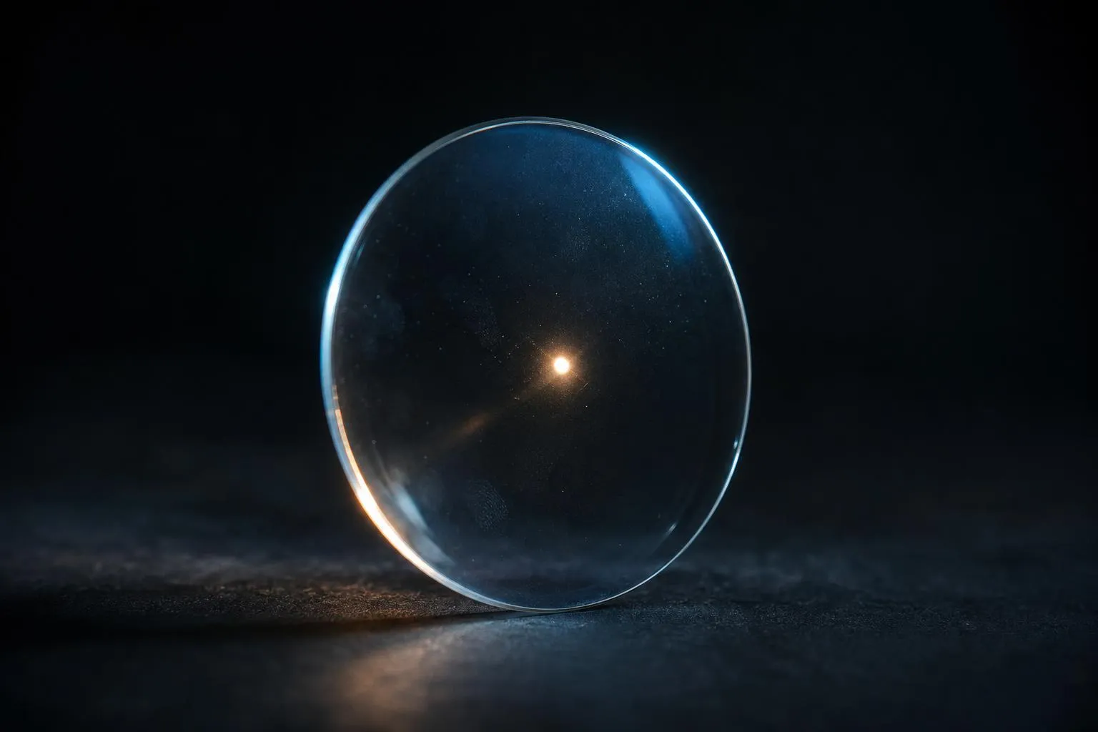 A clear eyeglass lens tilted toward a small point of light