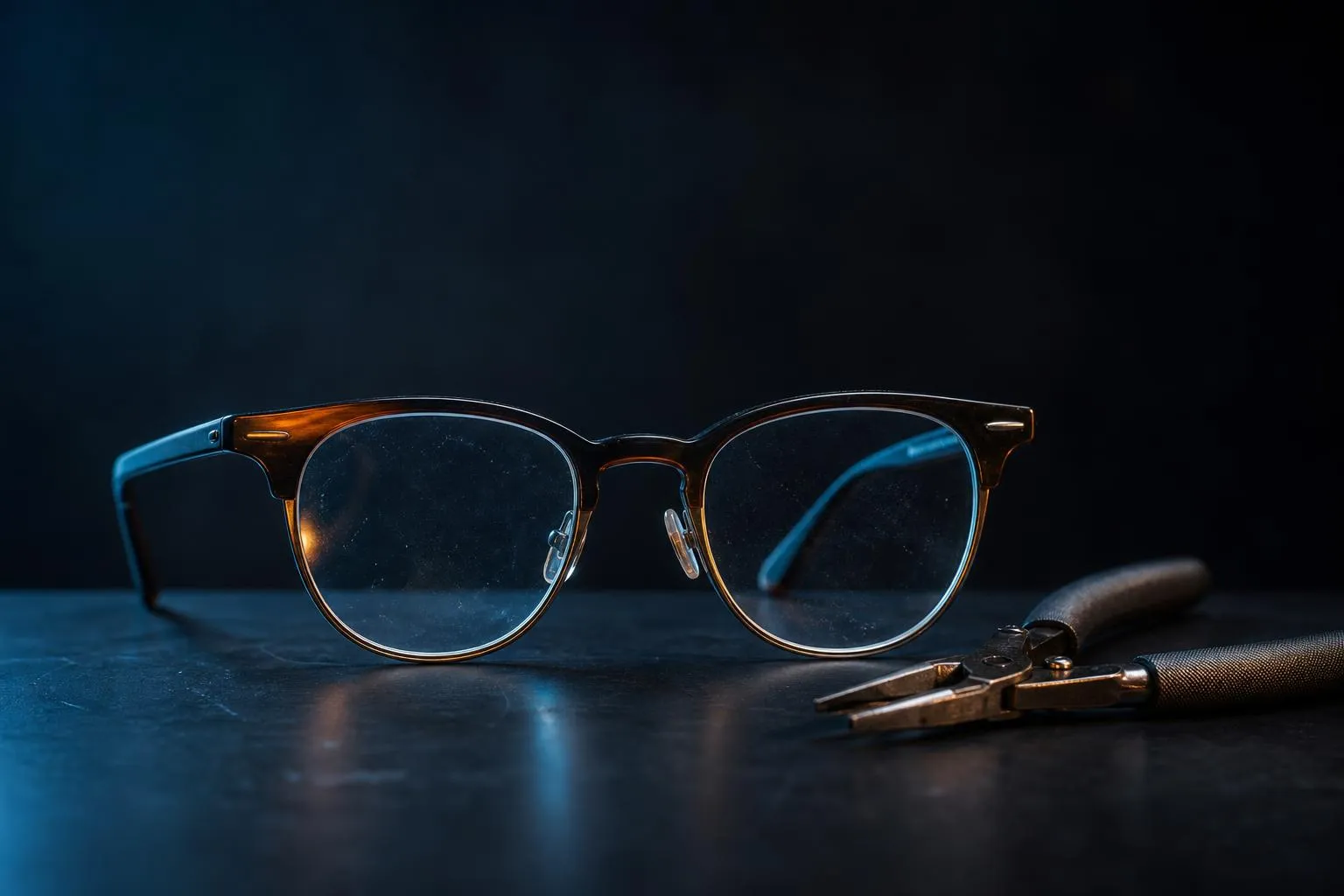 Eyeglasses beside frame adjusting pliers on a dark table